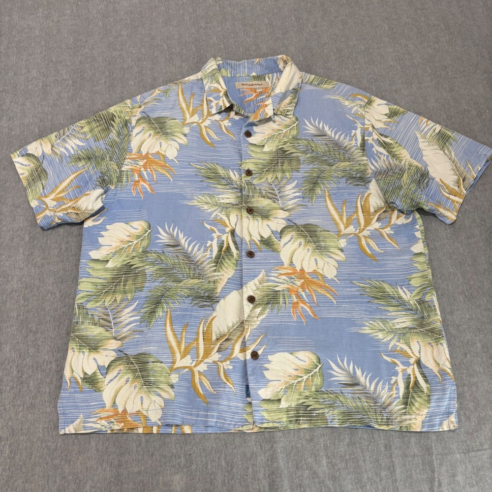 Tommy Bahama Mens Blue Tropical Silk Button Up Shirt XL T33847 Floral Slub